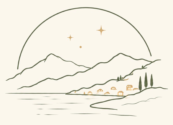 A calm line-drawn coastline with mountains, a village and evening stars